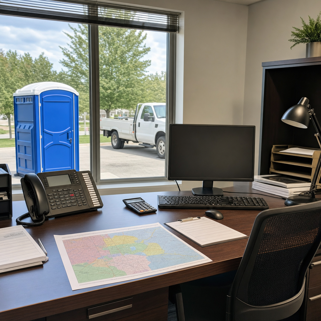 Dispatch desk with a delivery route map and a phone, organized for portable toilet rental scheduling