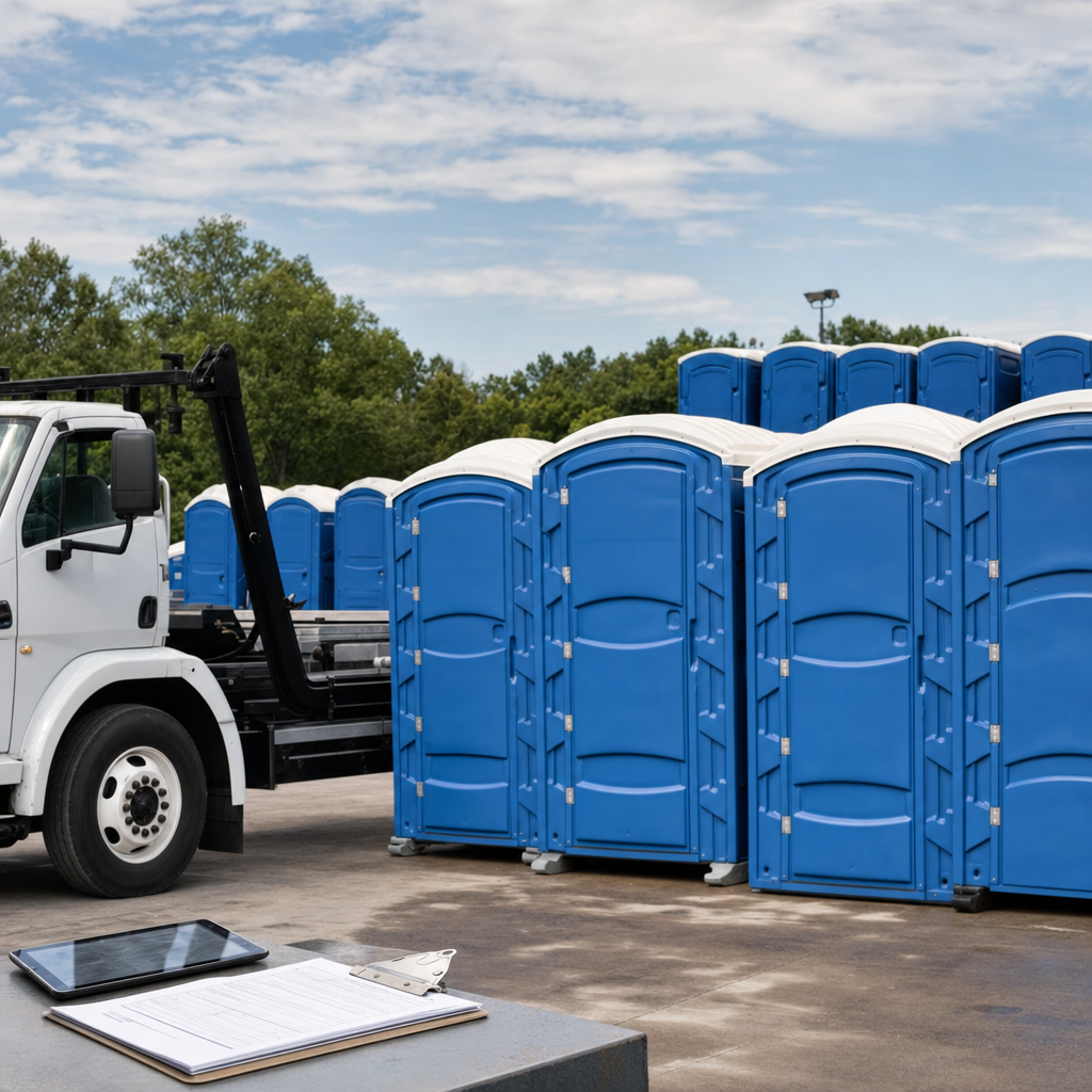 Sanitation dispatcher reviewing the day's portable toilet delivery schedule at a clean operations yard