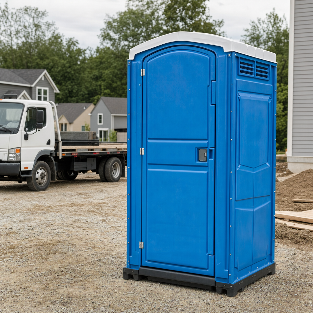 Delivery driver positioning a clean royal-blue portable toilet on level ground at a Chandler worksite