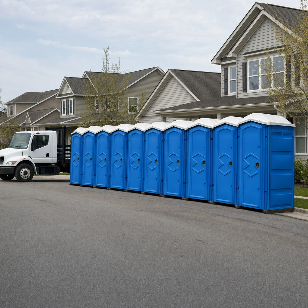 Royal blue portable toilets staged in a tidy row at a Chandler jobsite, ready for delivery